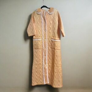 Vintage 60s Quilted Bed Jacket‎ Robe, Peach, Lace Trimmed, Full Length Lounger